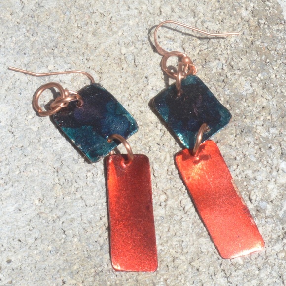 Modernist Abstract Geometric Red Blue Dangle Pure Copper Earrings Handmade Drop - Picture 3 of 5
